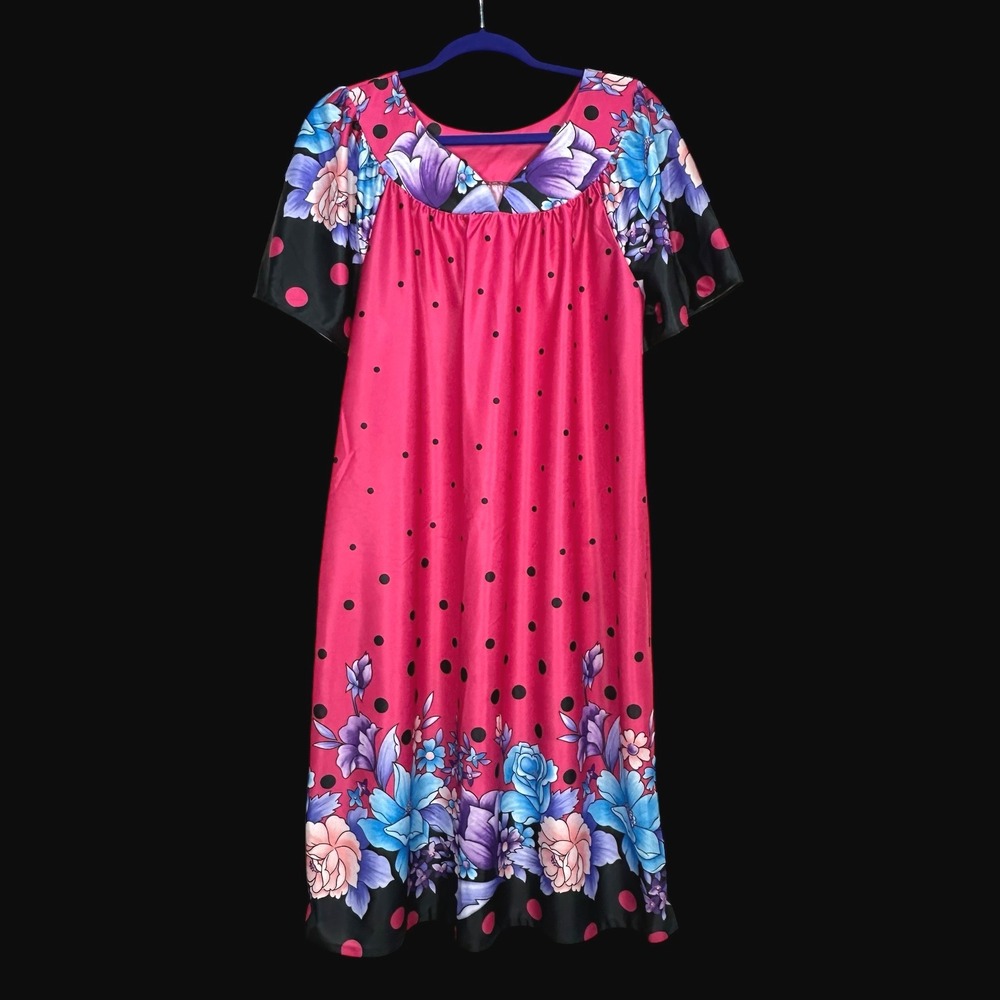 Vintage Granada Pink Floral Polka Dot Muumuu House Dress Large Made in USA‎